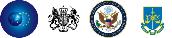 Logos of E.U., U.K, U.S., Ukraine.